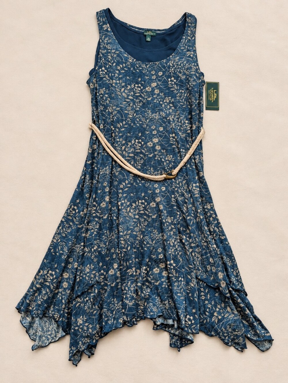 Lauren Ralph Lauren Dress Floral Cotton Boho Handkerchief Hem Rope Belt Size L